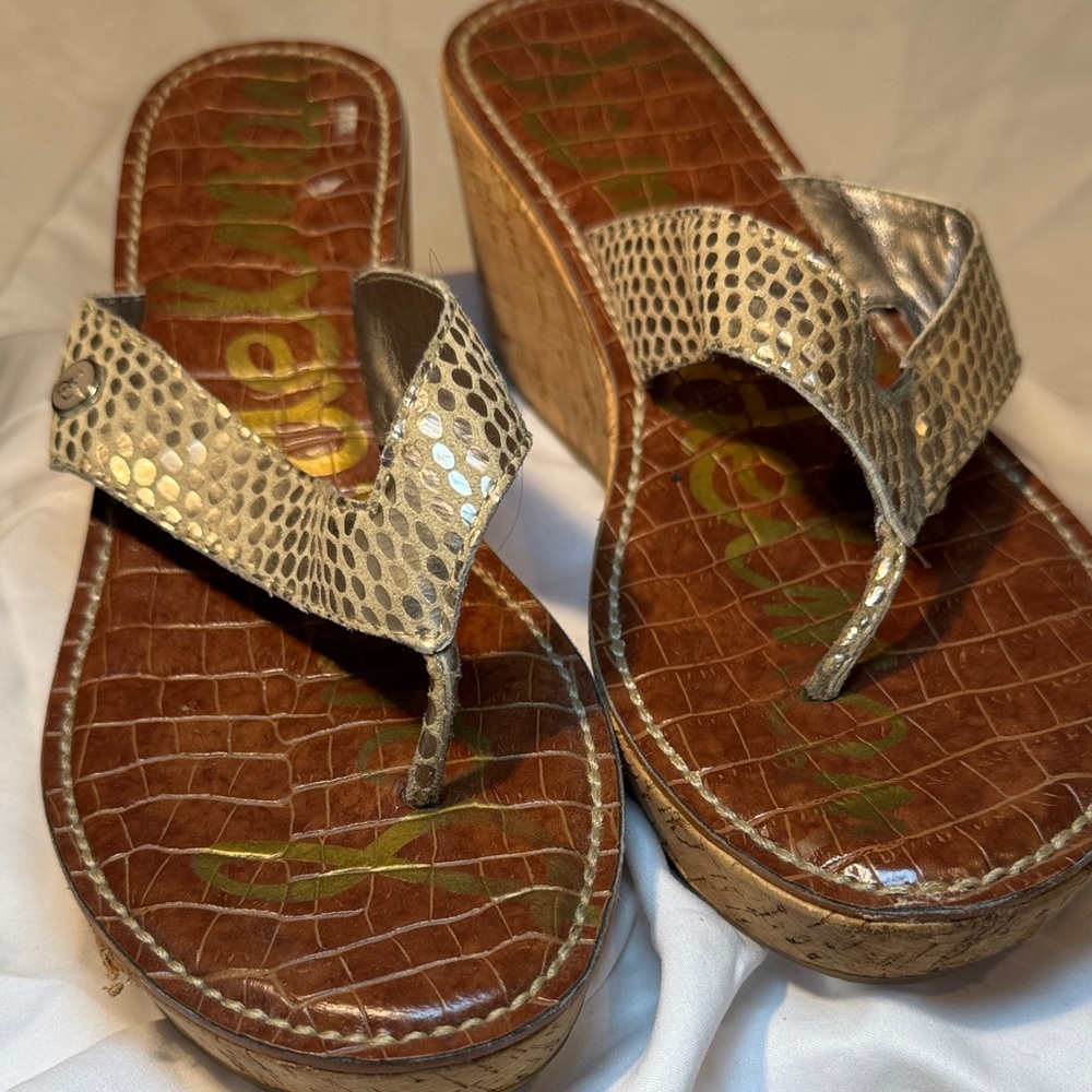 Sam Edelman Gold and Brown Wedge Sandals